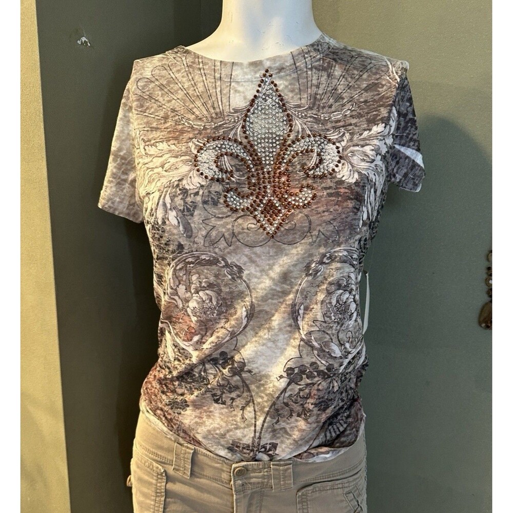 Vtg womens vocal top L  Tan  Pink Embellished Rhinestone‎ USA Country Gothic NWT